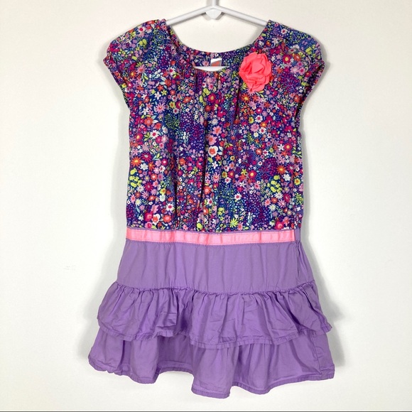 Cherokee Girl's 4T Short Sleeve Purple & Pink Floral Ruffle Dress - Picture 2 of 14
